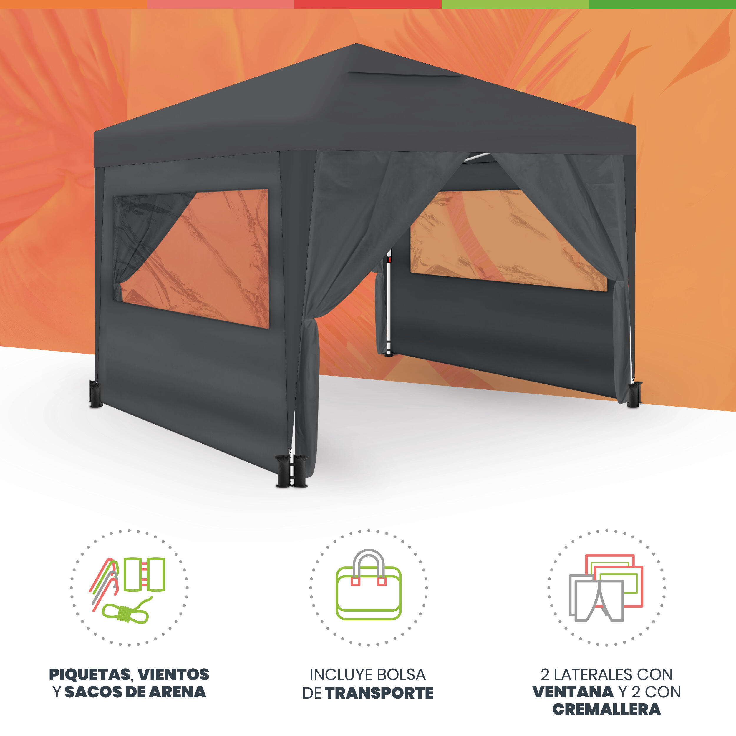 Tente Pliante 3x3m Grise UPF50+ pour 10 Personnes avec 4 Parois et Sac 2/7