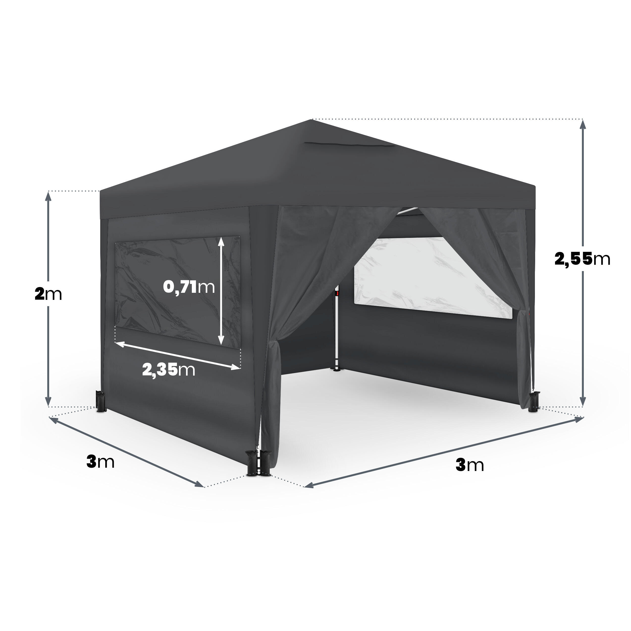 Tente Pliante 3x3m Grise UPF50+ pour 10 Personnes avec 4 Parois et Sac 5/7