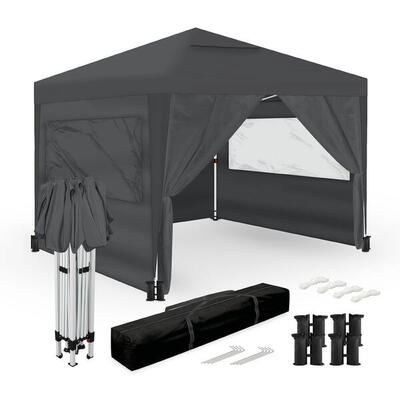 Gazebo Pieghevole 3x3m Grigio UPF50+ per 10 Persone con 4 Pareti e Borsa