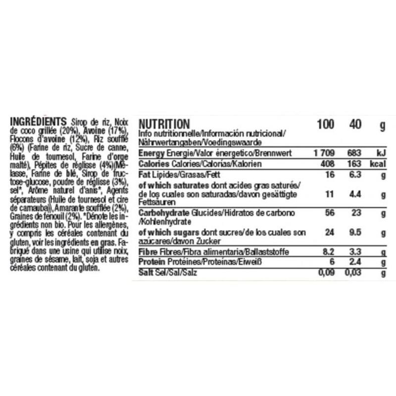 15 barres énergétiques aux céréales - Bio & Véganes - 40g - Réglisse/Coco
