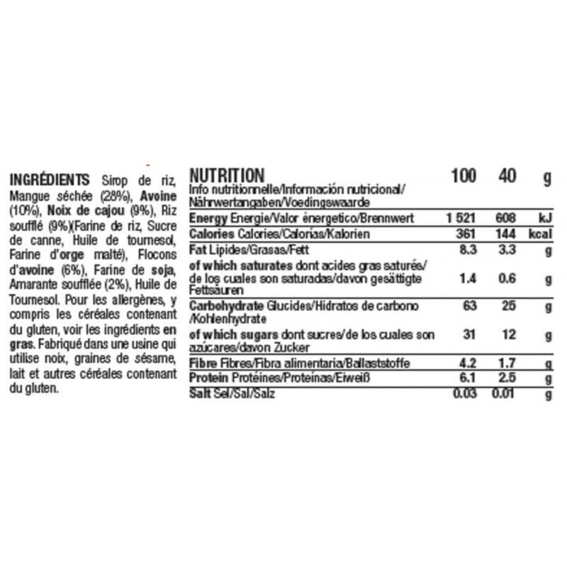 15 barres énergétiques aux céréales - Bio & Véganes - 40g - Mangue/Cajou