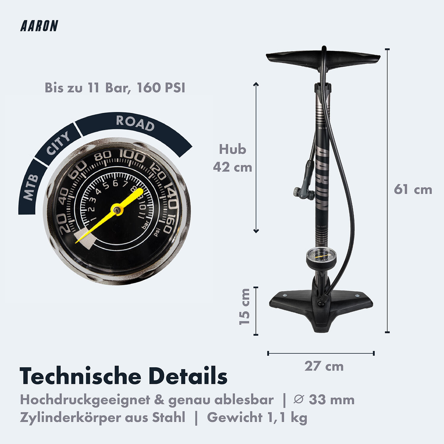Sport One Fahrrad Standpumpe mit Manometer, 11 Bar Universalventil Schwarz 3/5