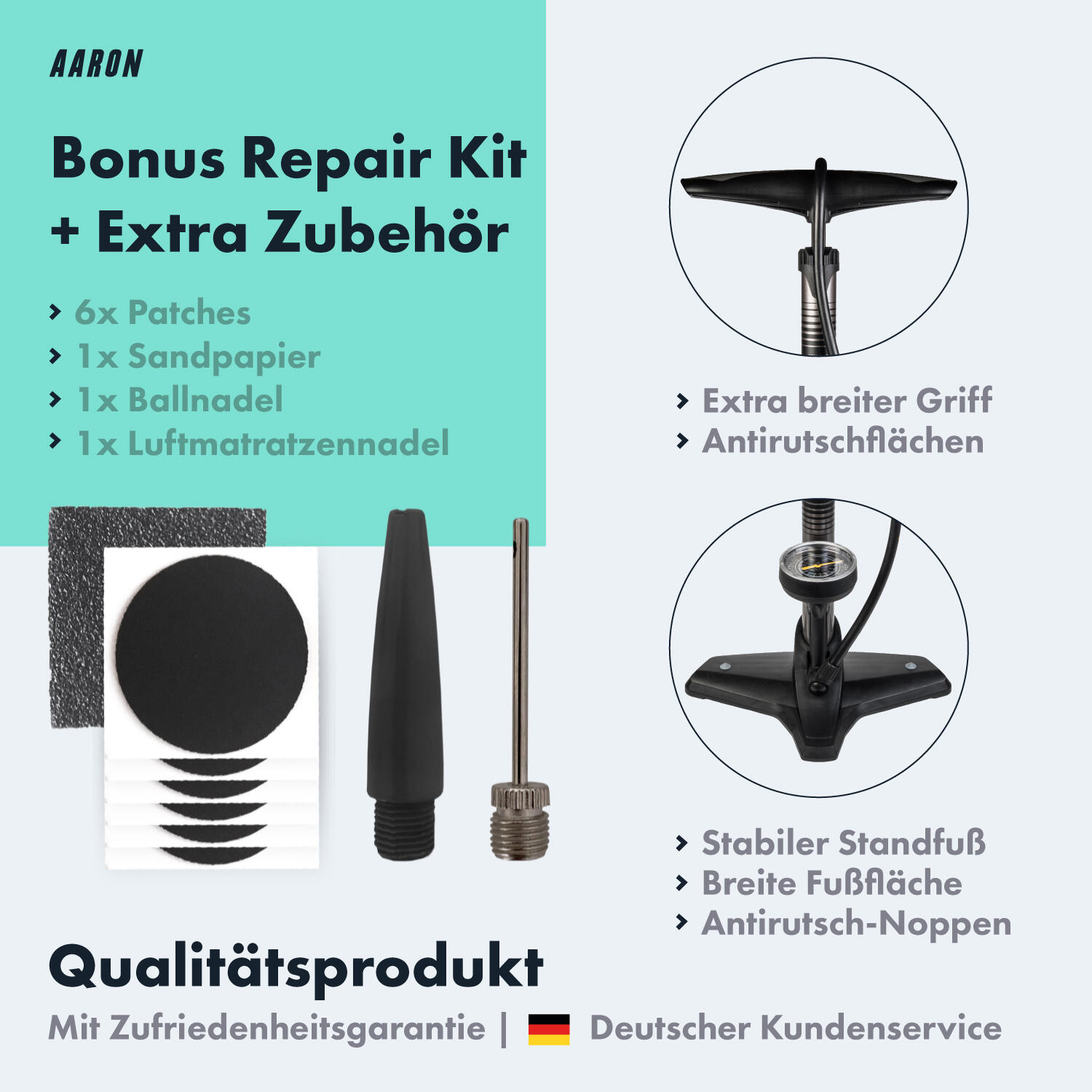 Sport One Fahrrad Standpumpe mit Manometer, 11 Bar Universalventil Schwarz 5/5