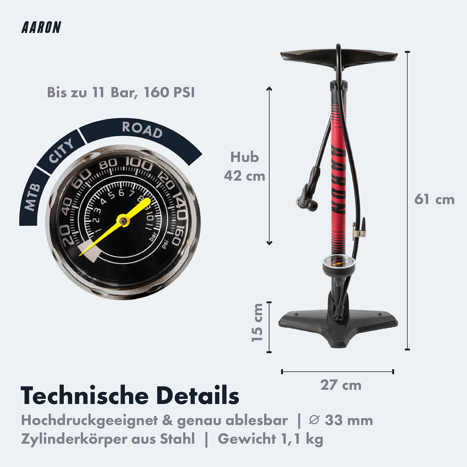 Sport One Fahrrad Standpumpe mit Manometer, 11 Bar Universalventil Rot 3/7