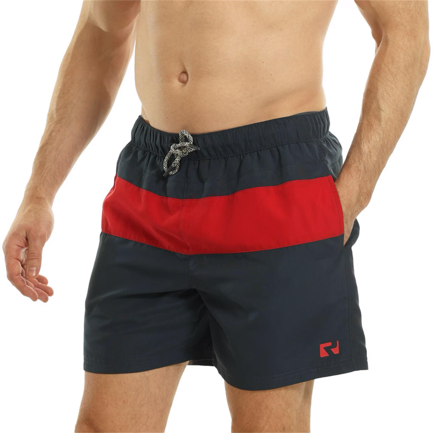 Mens Contrast Striped Swim Shorts (Navy Blue/Red) 2/4