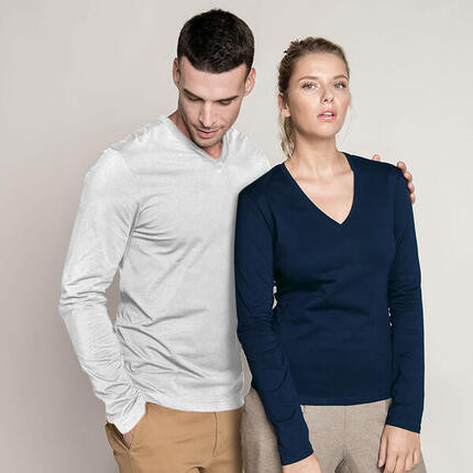 TShirt Slim Fit Langarm VAusschnitt Herren Weiß