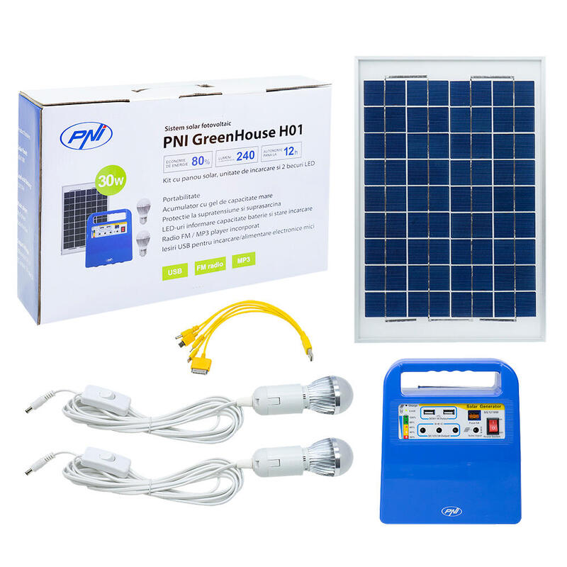 Système solaire photovoltaïque PNI GreenHouse H01 30W avec batterie 12V/7Ah, USB