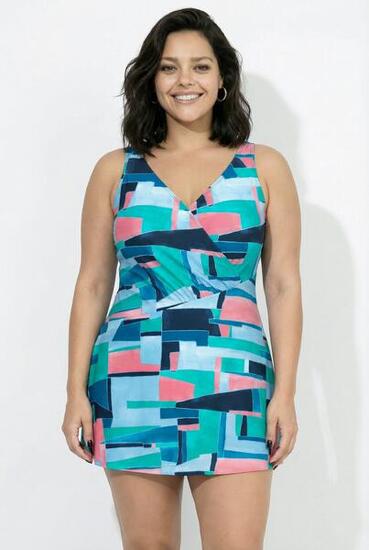 Damen Badekleid grafischer Druck Softcups Wickeloptik