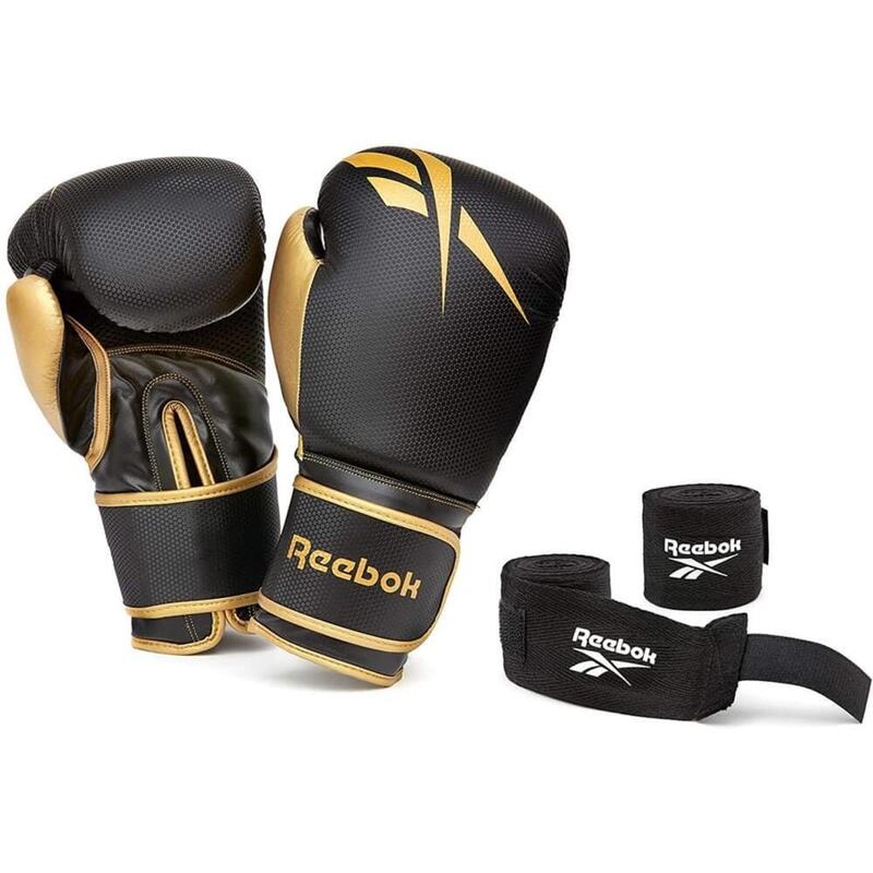 Reebok Small Black & Gold Combat 12oz Boxing Gloves + Wraps Set