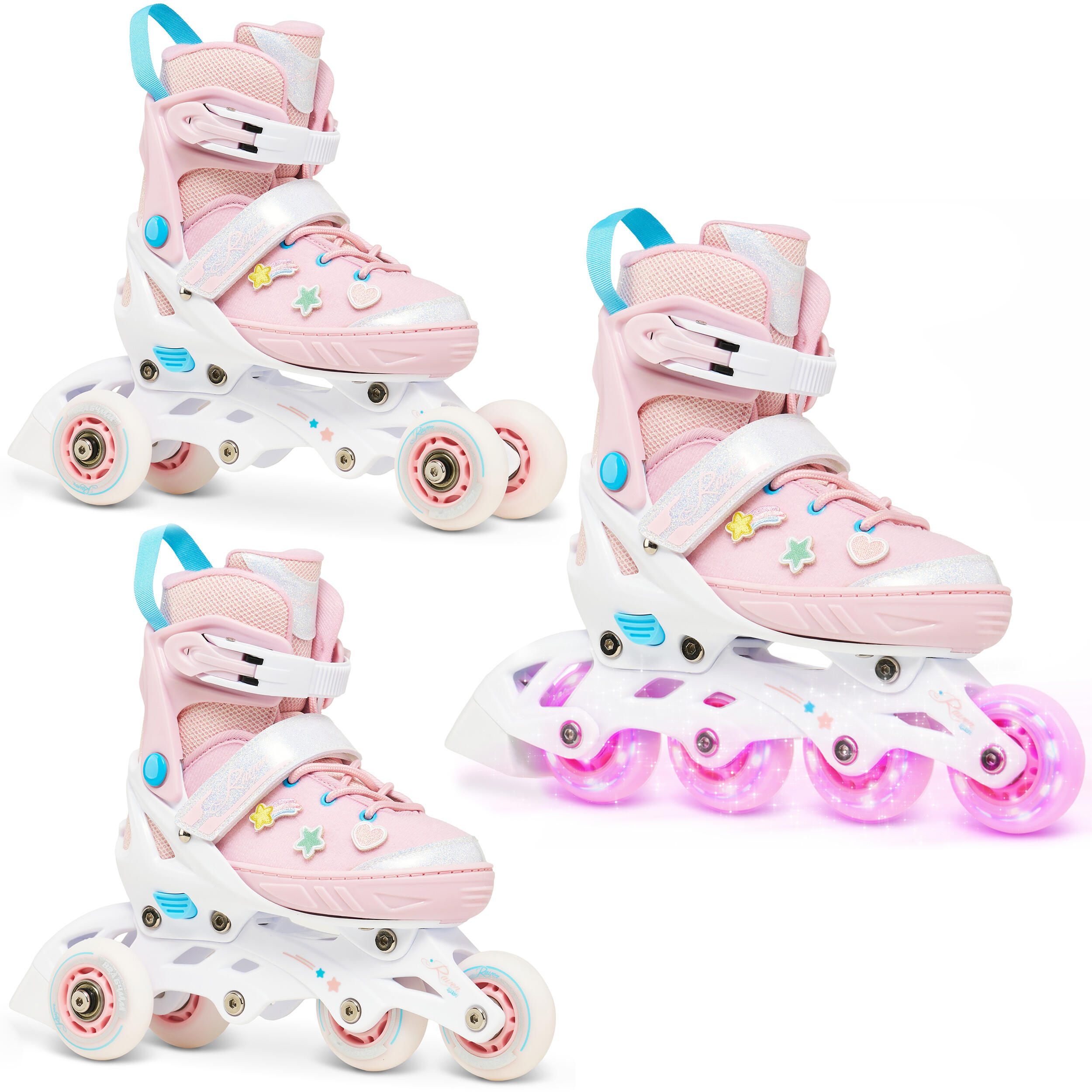 RAVEN Dětské inline brusle 3v1 Lilly – LED kolečka a ozdoby na suchý zip