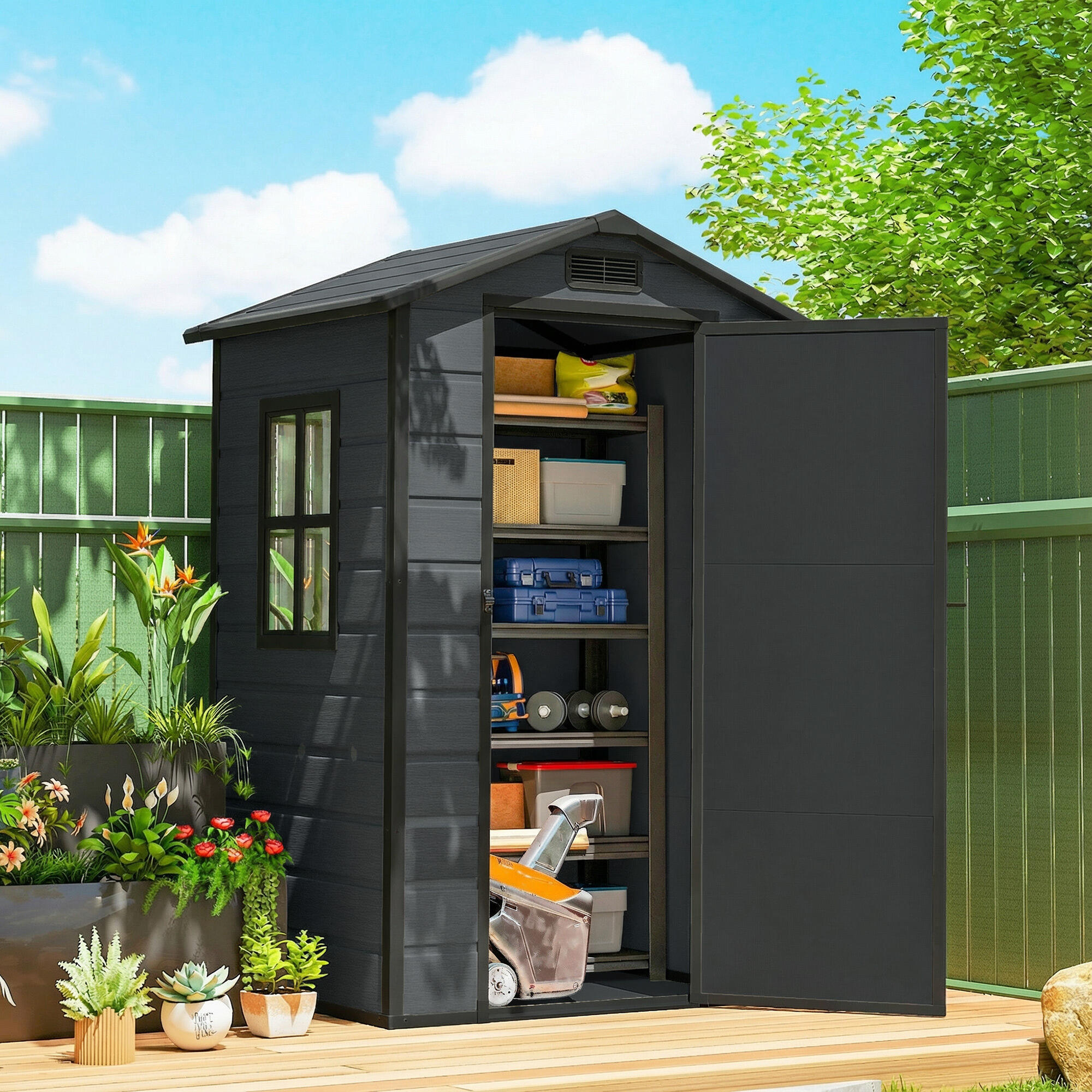 Cobertizo de Jardín Outsunny 128x104x196 cm Gris Oscuro 2/5