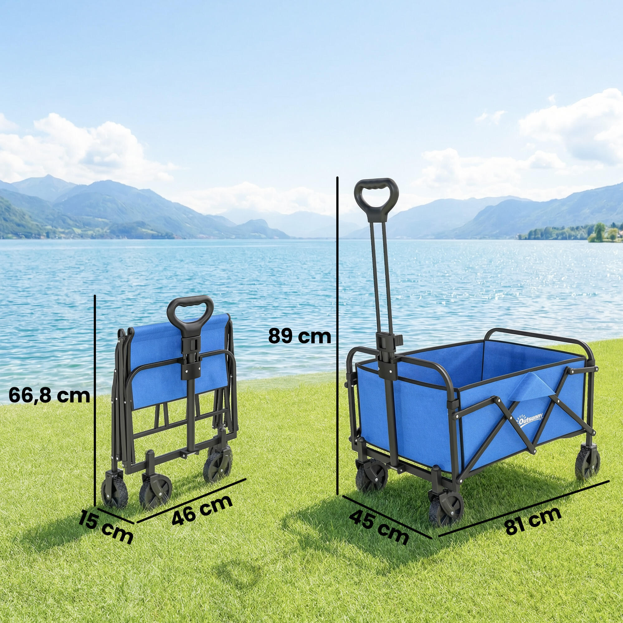 Carrinho de Praia Outsunny Metal, Tecido Oxford Azul 81x45x89 cm 3/5