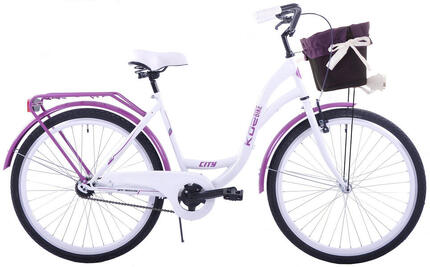 Rower miejski 28 damski Kozbike K36 1s biało-fioletowy z koszem i wkładką