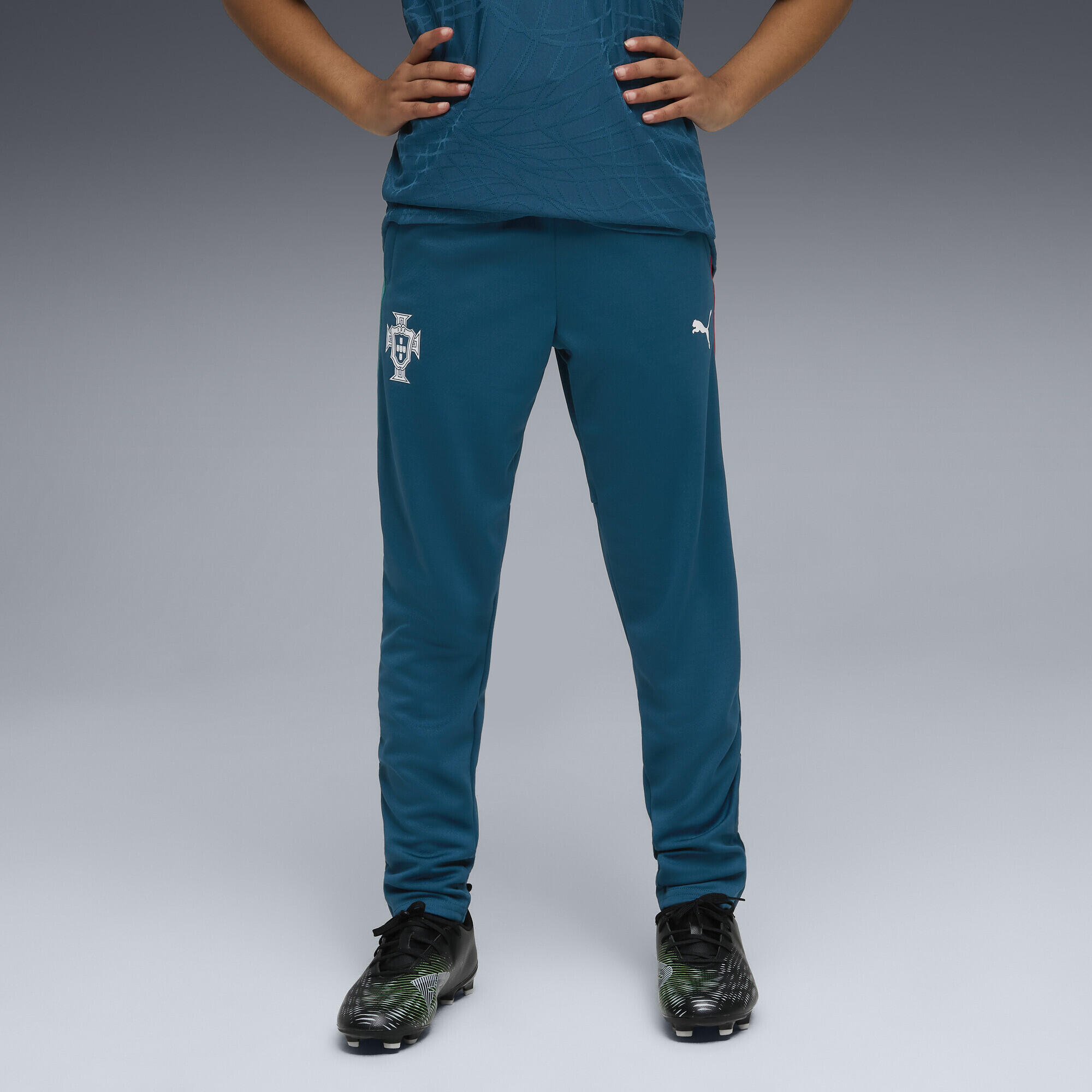 Pantalon copii talie elastică, croială conică Portugal, teal închis PUMA