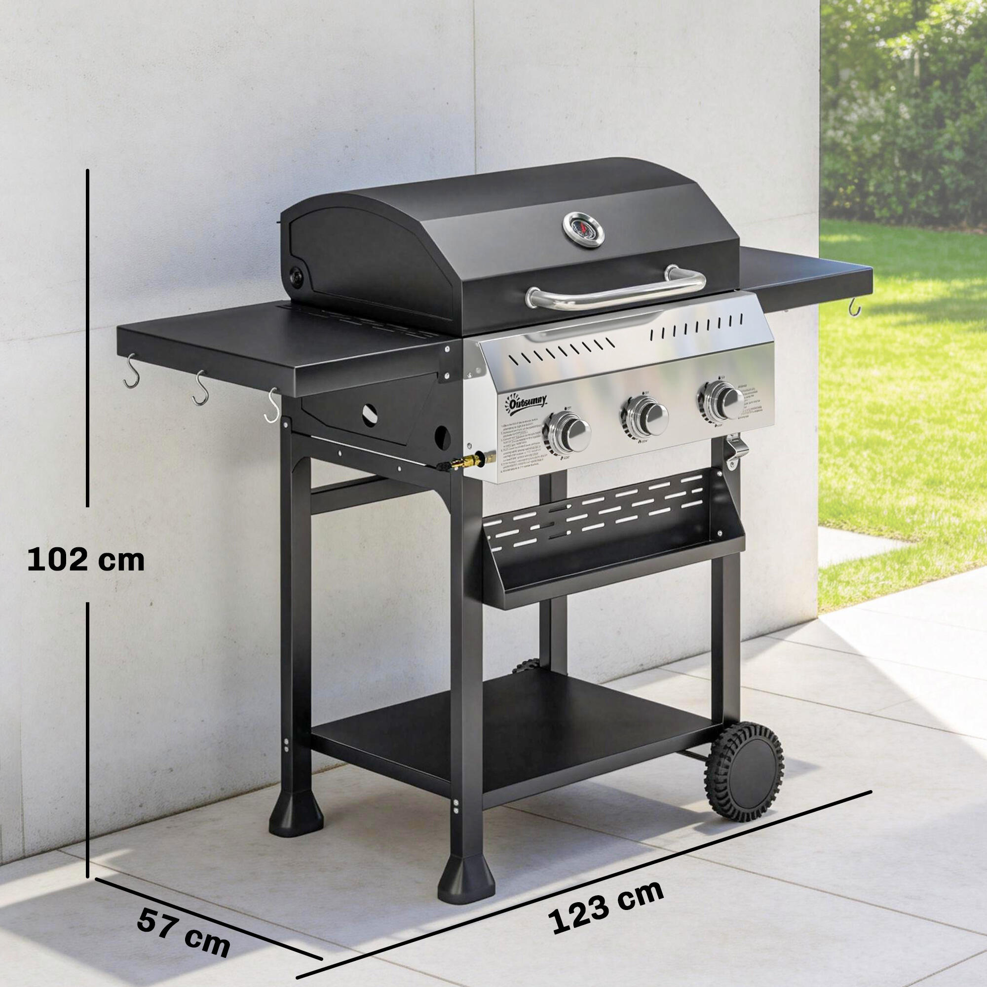 Barbacoa de Gas Outsunny 123x57x102 cm Negro 3/5