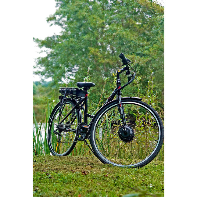 Basis Hybrid Full Size Folding Electric Bike 700c Wheel Black/Red 9.6Ah BASIS Decathlon