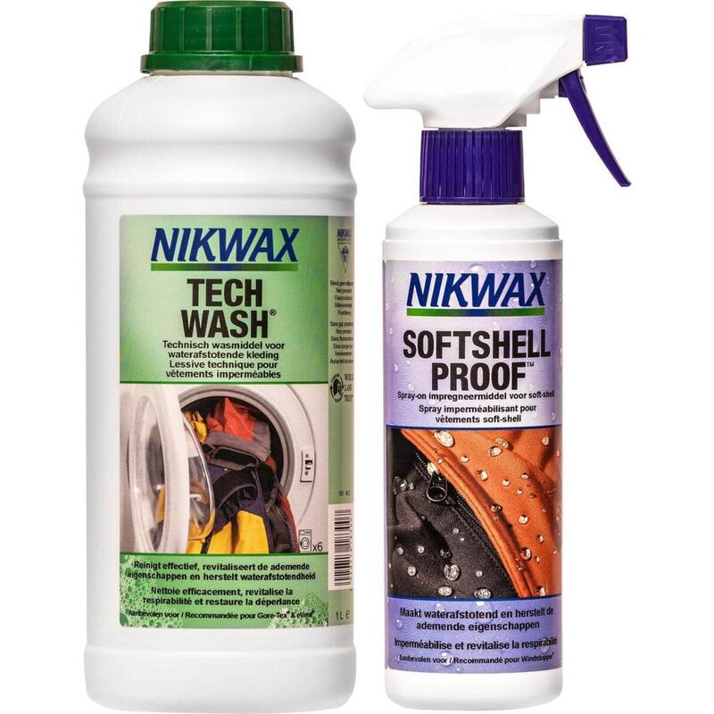 Nikwax Twin Tech Wash 1L & Softshell Proof Spray-on 300ml - 2-Pack