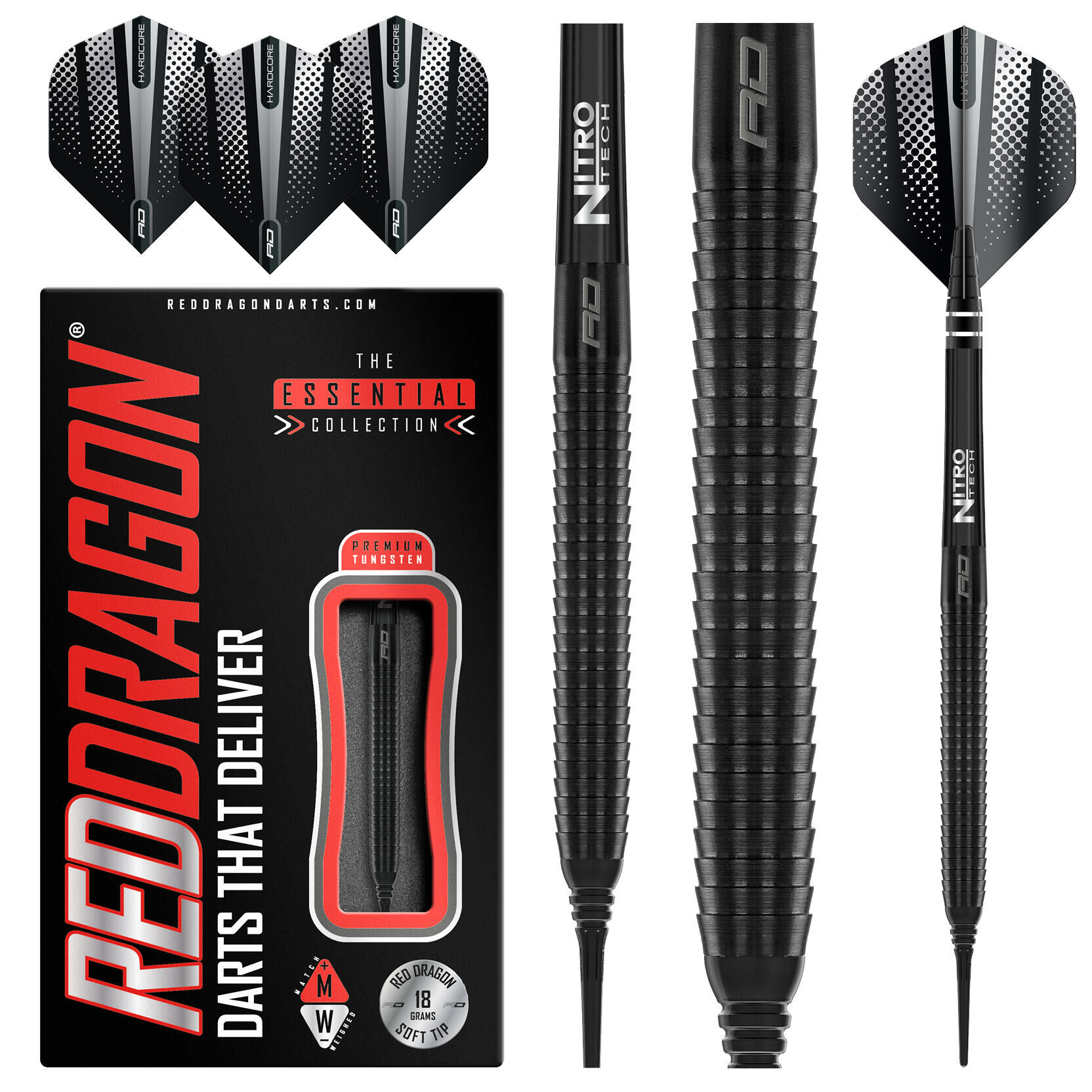 RED DRAGON DARTS Razor Edge Black 18g Softip Tungsten Darts Set with Flights and Stems