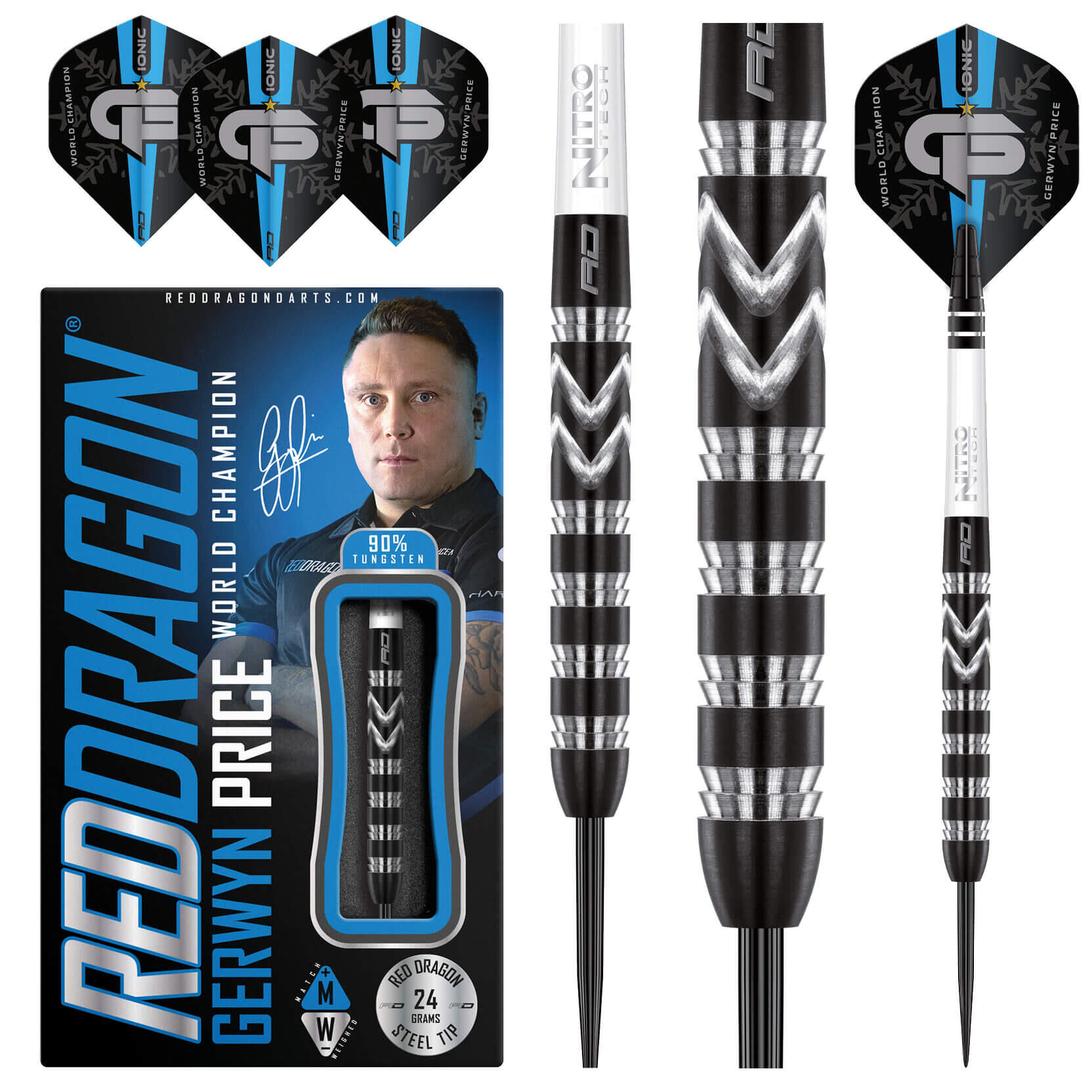 RED DRAGON DARTS Red Dragon Gerwyn Price Iceman WC 24g Tungsten Darts Set with Flights and Stems