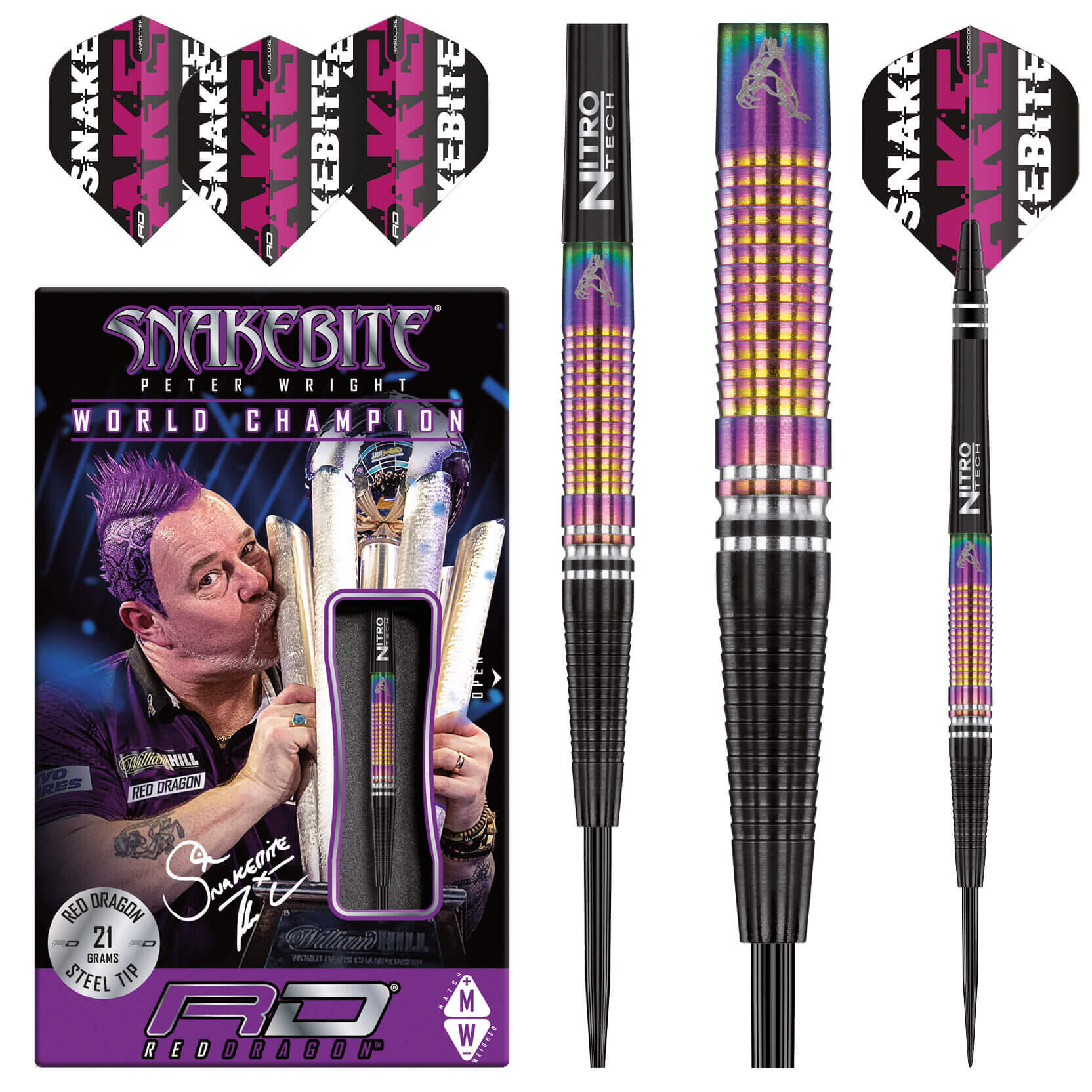 RED DRAGON DARTS Peter Wright Snakebite WC Tapered SE 21g Darts Set including Flights and Shafts