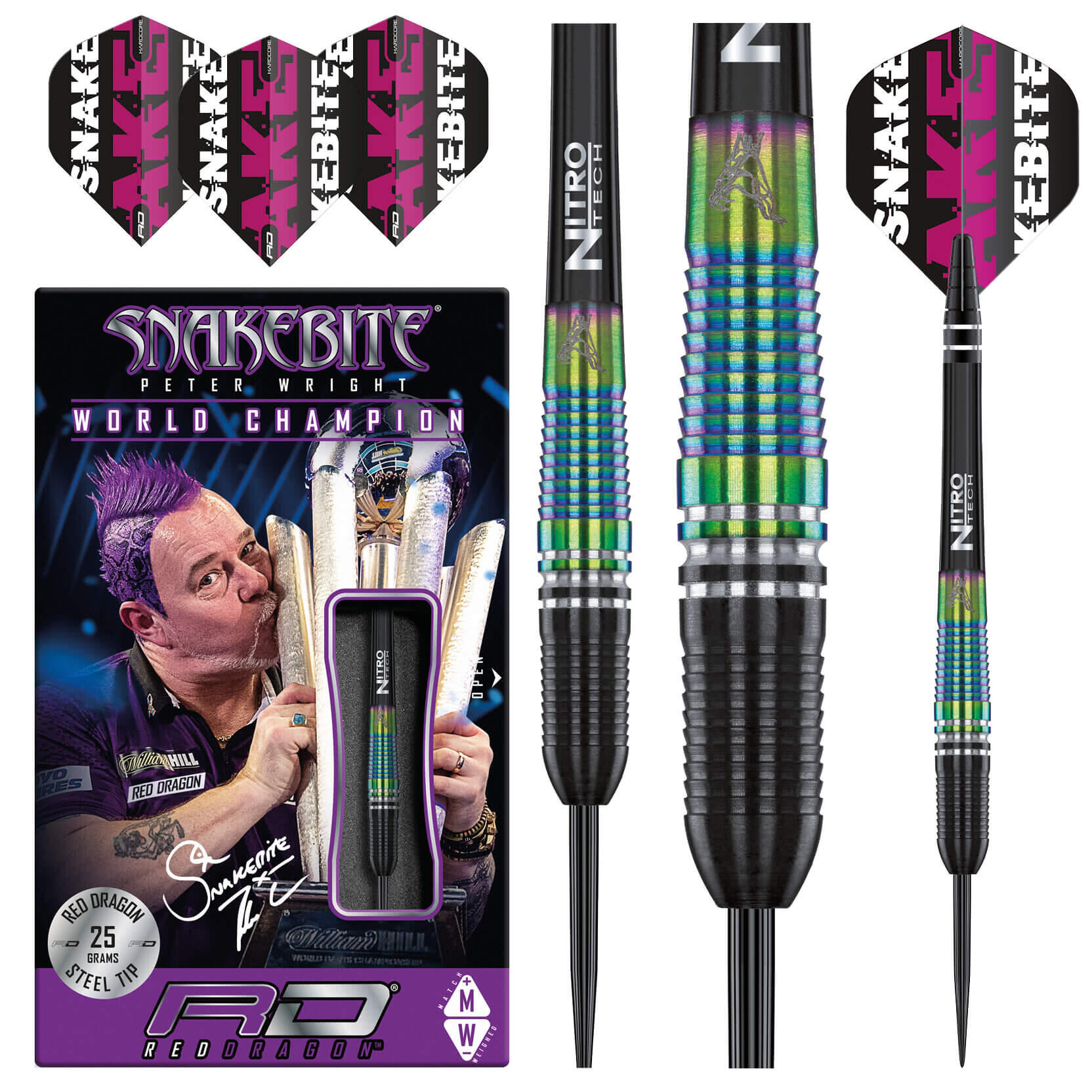 RED DRAGON DARTS Peter Wright Snakebite WC Torpedo SE 25g Darts Set including Flights and Shafts