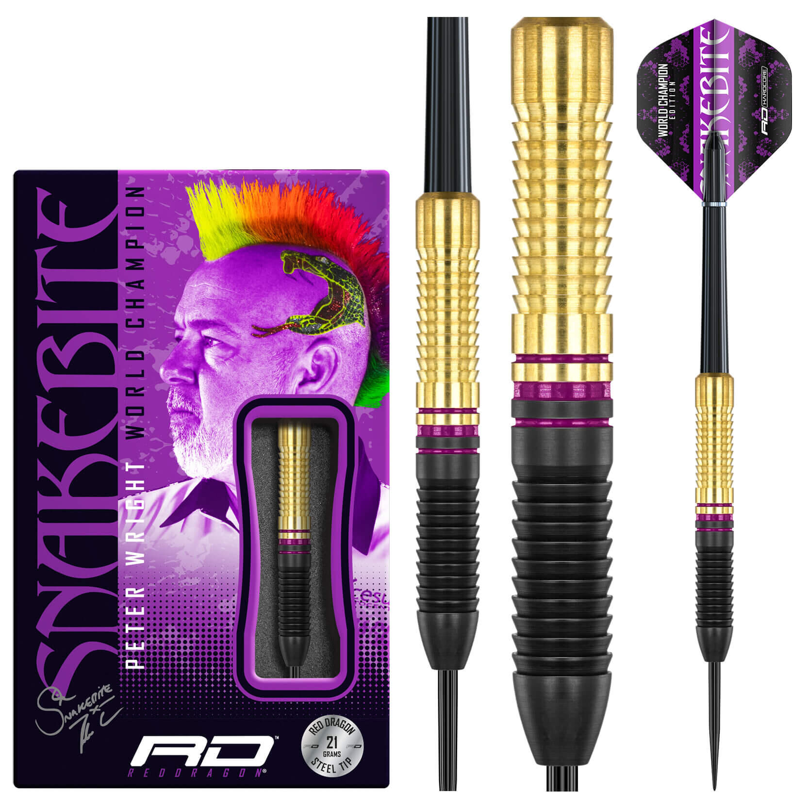 RED DRAGON DARTS Peter Wright Snakebite WC 2020 21 Gram Brass Edition including Flights and Stems
