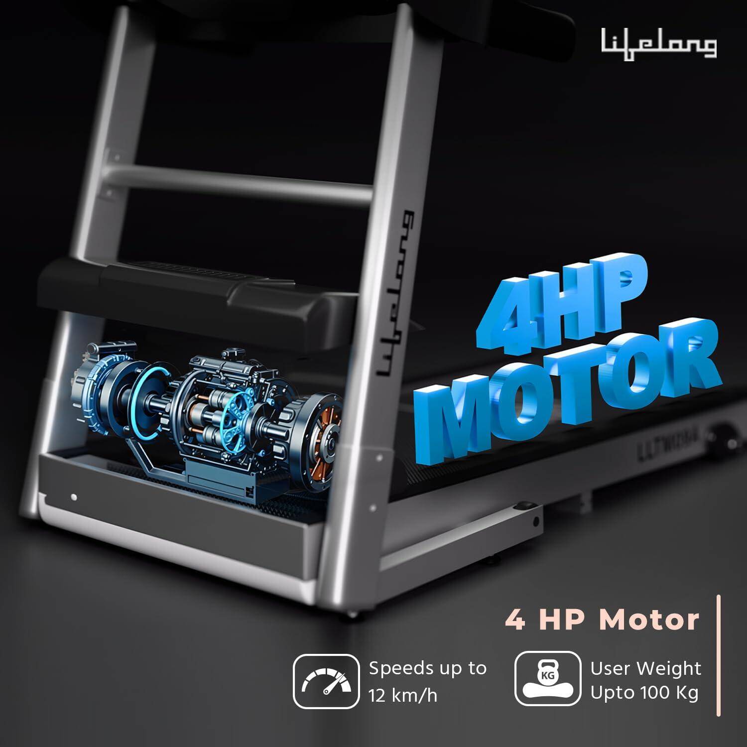 Lifelong FitPro (4 HP Peak) 3 Level Manual Incline |Hydraulic Folding Motorized Treadmill for Home |12 Preset Workouts, Max Speed 12km/hr &amp; Bluetooth Speaker with Max. User Weight 100Kg -  3