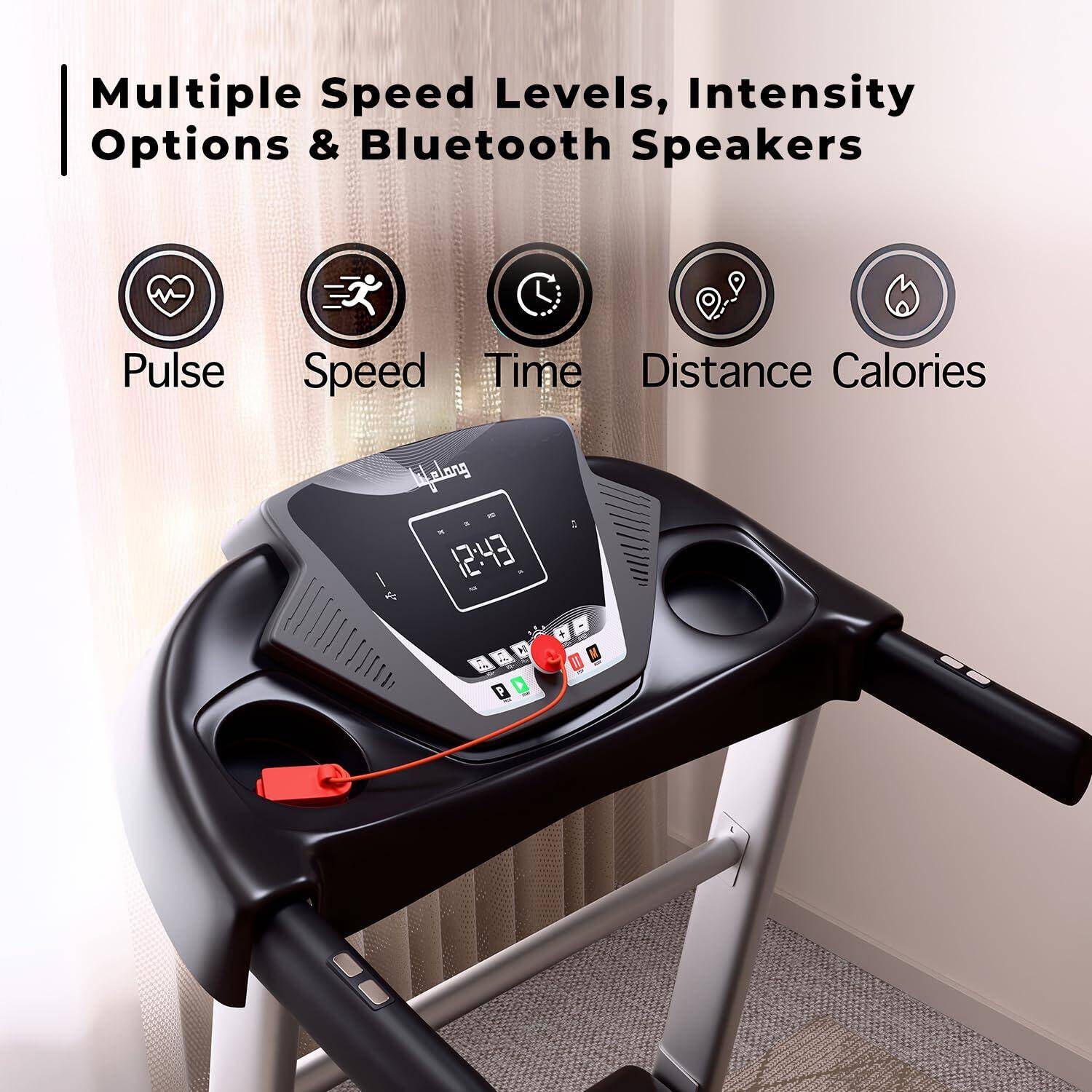 Lifelong FitPro (4 HP Peak) 3 Level Manual Incline |Hydraulic Folding Motorized Treadmill for Home |12 Preset Workouts, Max Speed 12km/hr &amp; Bluetooth Speaker with Max. User Weight 100Kg -  5