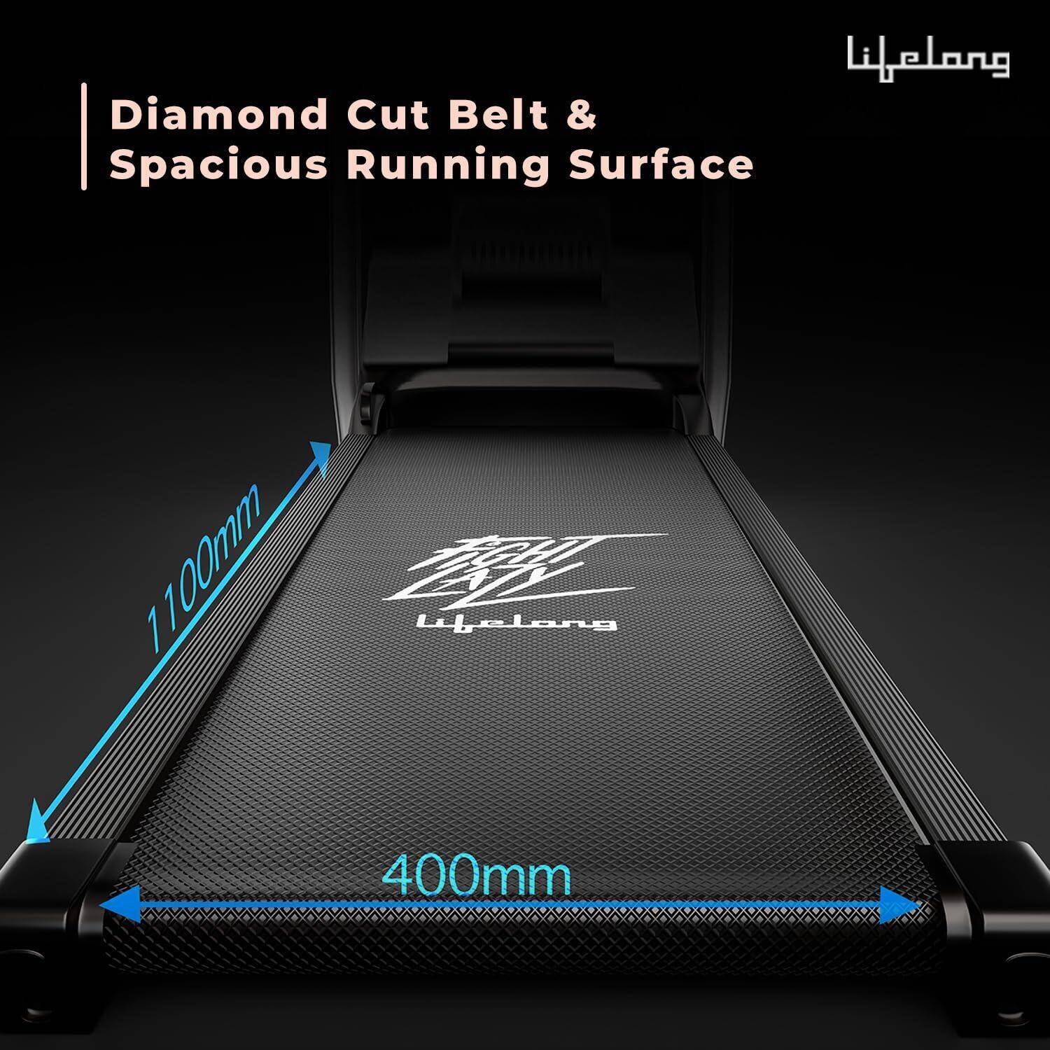 Lifelong FitPro (4HP Peak) Motorized Treadmill for Home Use | 0.8–12 km/h Speed, 3-Level Incline, 12 Preset Programs | Foldable Soft-Drop, Whisper-Quiet DC Motor, Bluetooth; Speakers -  2