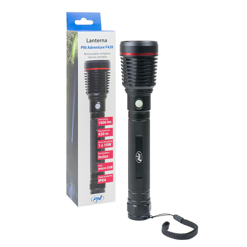 PNI Adventure F420 aluminium zaklamp met 1000lm tot 420m led, met 2 batterijen