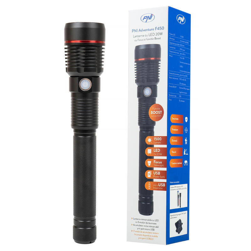 PNI Adventure F450 aluminium zaklamp met focus en BOOST functie, 20 W led, 1500