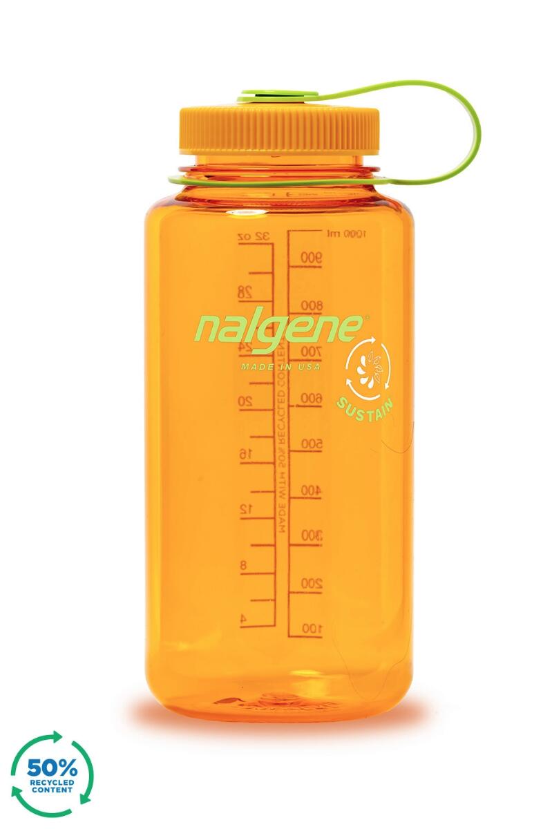 NALGENE 1L Wide Mouth Sustain Water Bottle - Made From 50% Plastic Waste - Orange