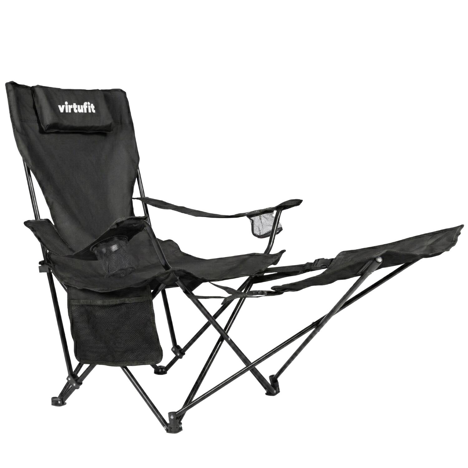 VirtuFit Chaise Camping Pliante – Avec Repose-pieds Et Oreiller – Beige – Porte-gobelet, Sac De Rangement – Capacité Robuste 16mm Acier