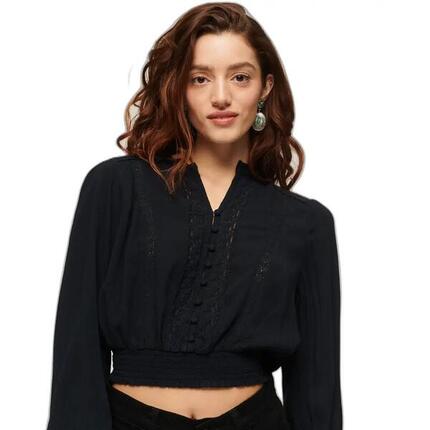 Gesmokte Bluse mit langen Ärmeln und Spitzenabschlüssen, Damen Superdry