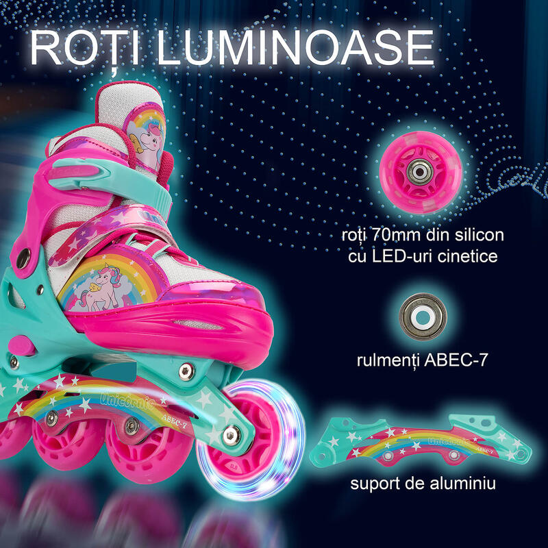 Role reglabile Unicorn Fantasy, roti luminoase, XS(27-30), roz