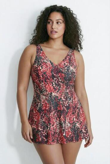 Damen Badekleid Blütenpunkte Softcups Wickeloptik