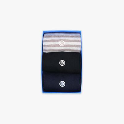 Set van 3 paar effen zwarte en blauwe sokken en beige gestreepte sokken