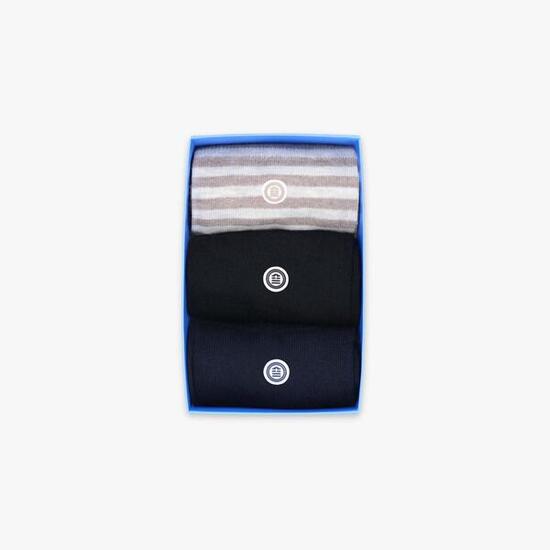 Confezione da 3 paia di calzini neri e blu a tinta unita e beige a righe