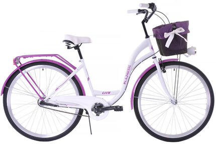 Rower miejski 28 damski Kozbike (K36) 3S biało-fioletowy z koszem i wkładką