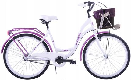 Rower miejski 28 damski Kozbike K36 3s biało-fioletowy z koszem i wkładką