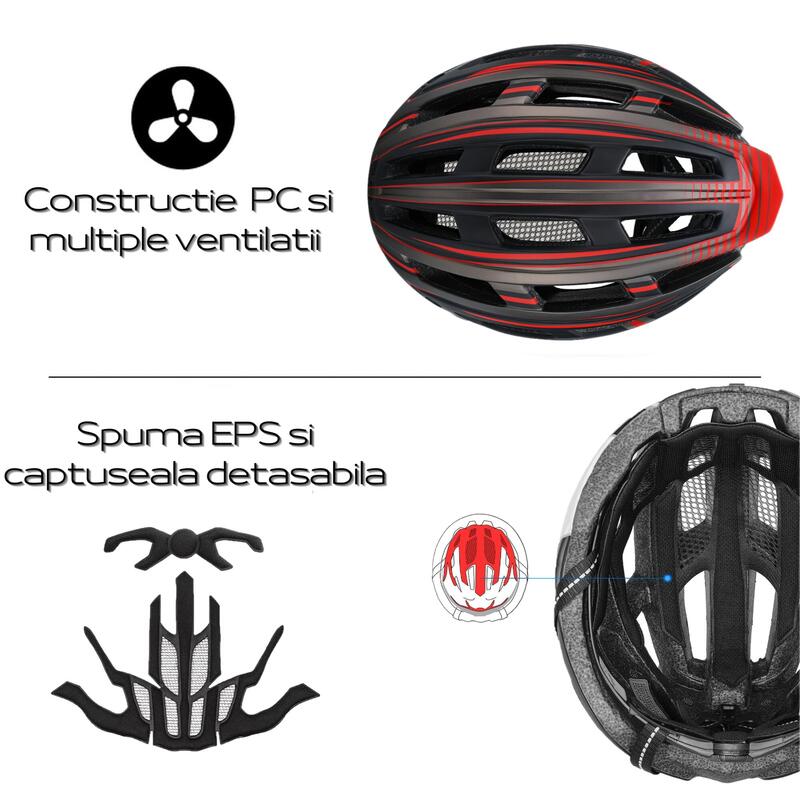 Casca protectie bicicleta, aerodinamica, viziera magnetica detasabila, stop led