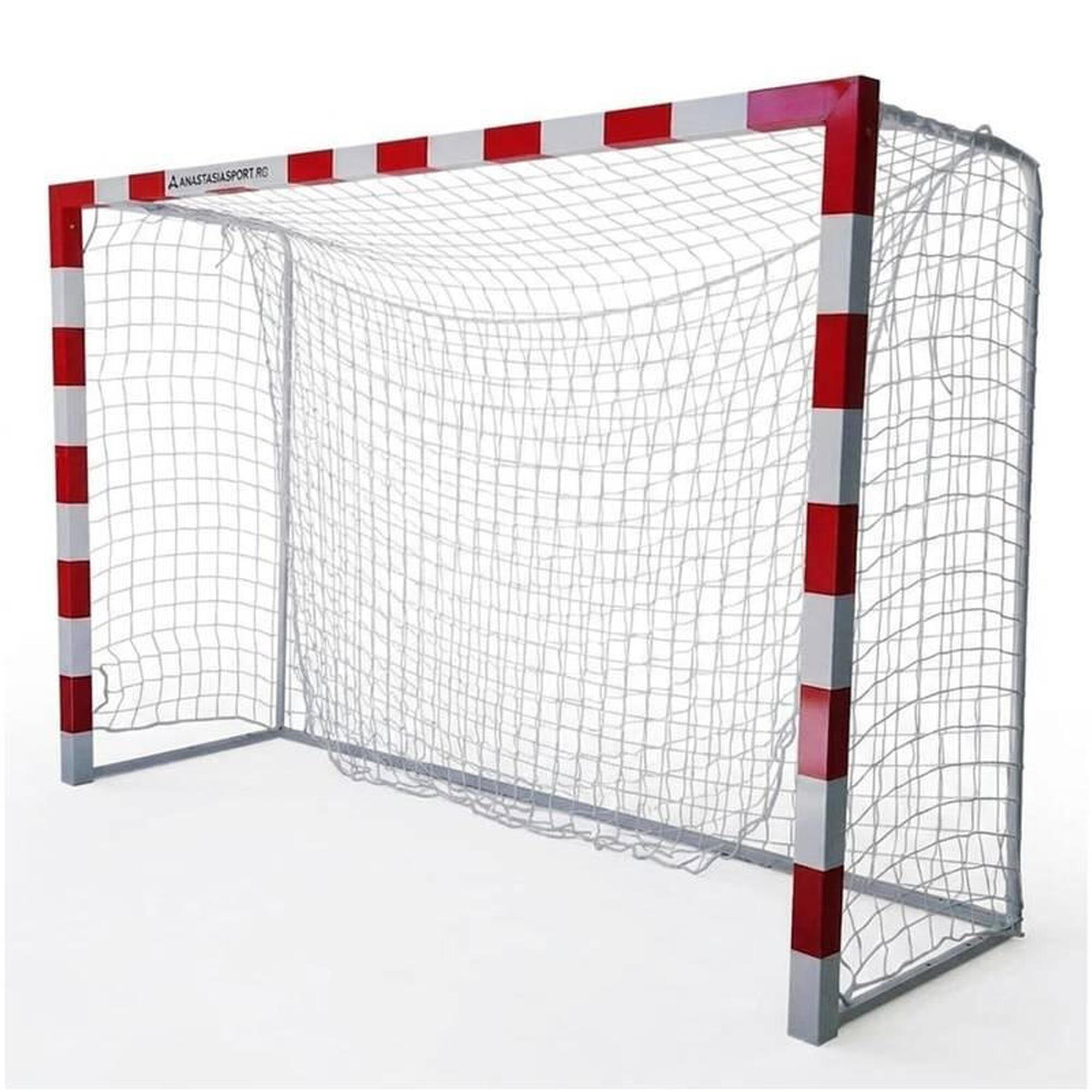 Poarta handbal 3x2 m Anastasia Sport, aluminiu, spate otel, alb cu rosu, plasa