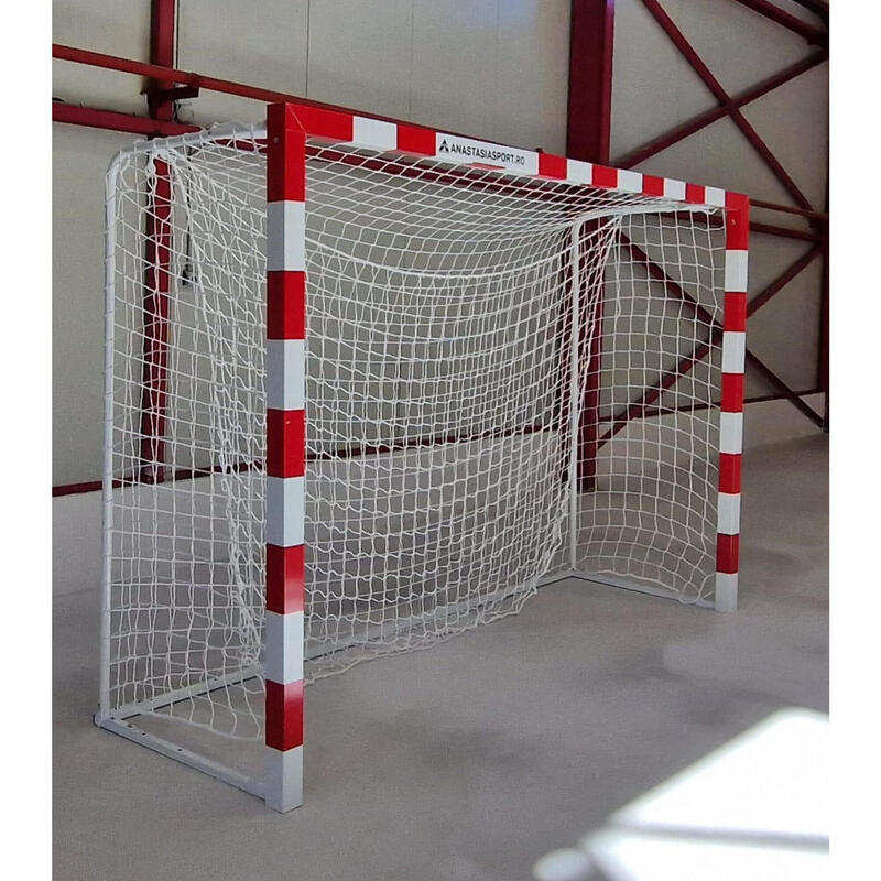 Poarta handbal 3x2 m Anastasia Sport, aluminiu, spate otel, alb cu rosu, plasa