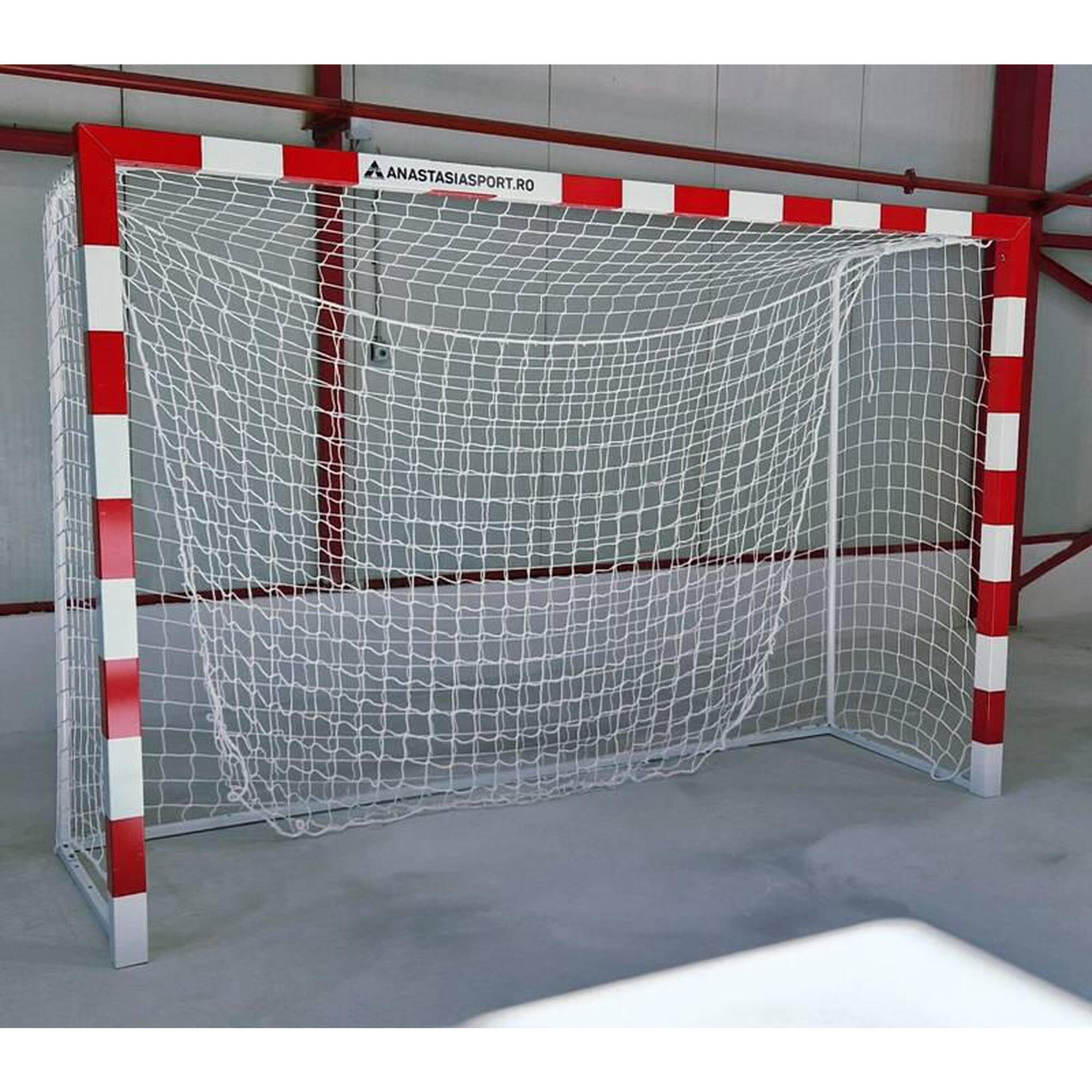 Poarta handbal 3x2 m Anastasia Sport, aluminiu, spate otel, alb cu rosu, plasa