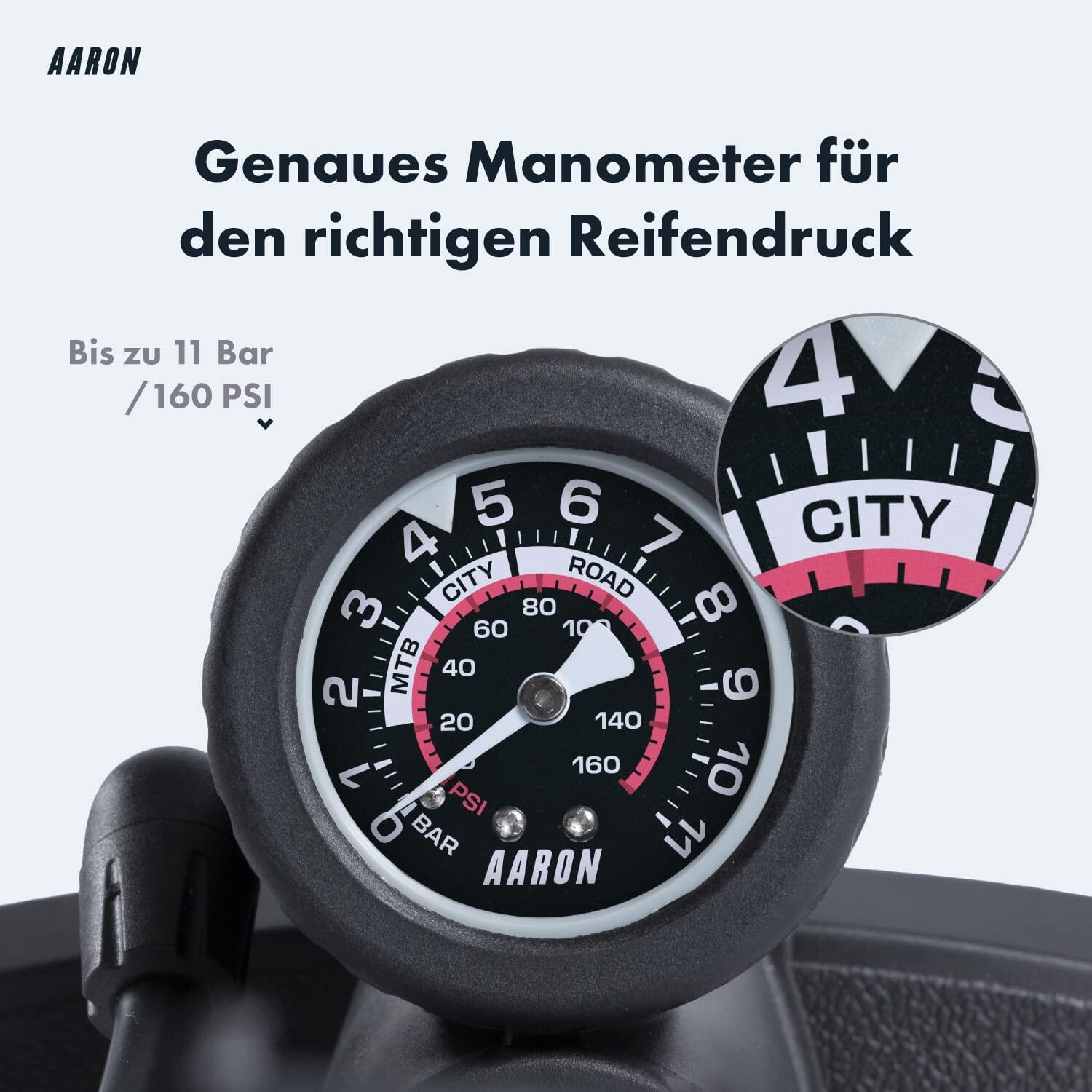 AIR Standpumpe mit Manometer, Universell für alle Fahrradventile, Schwarz 3/6