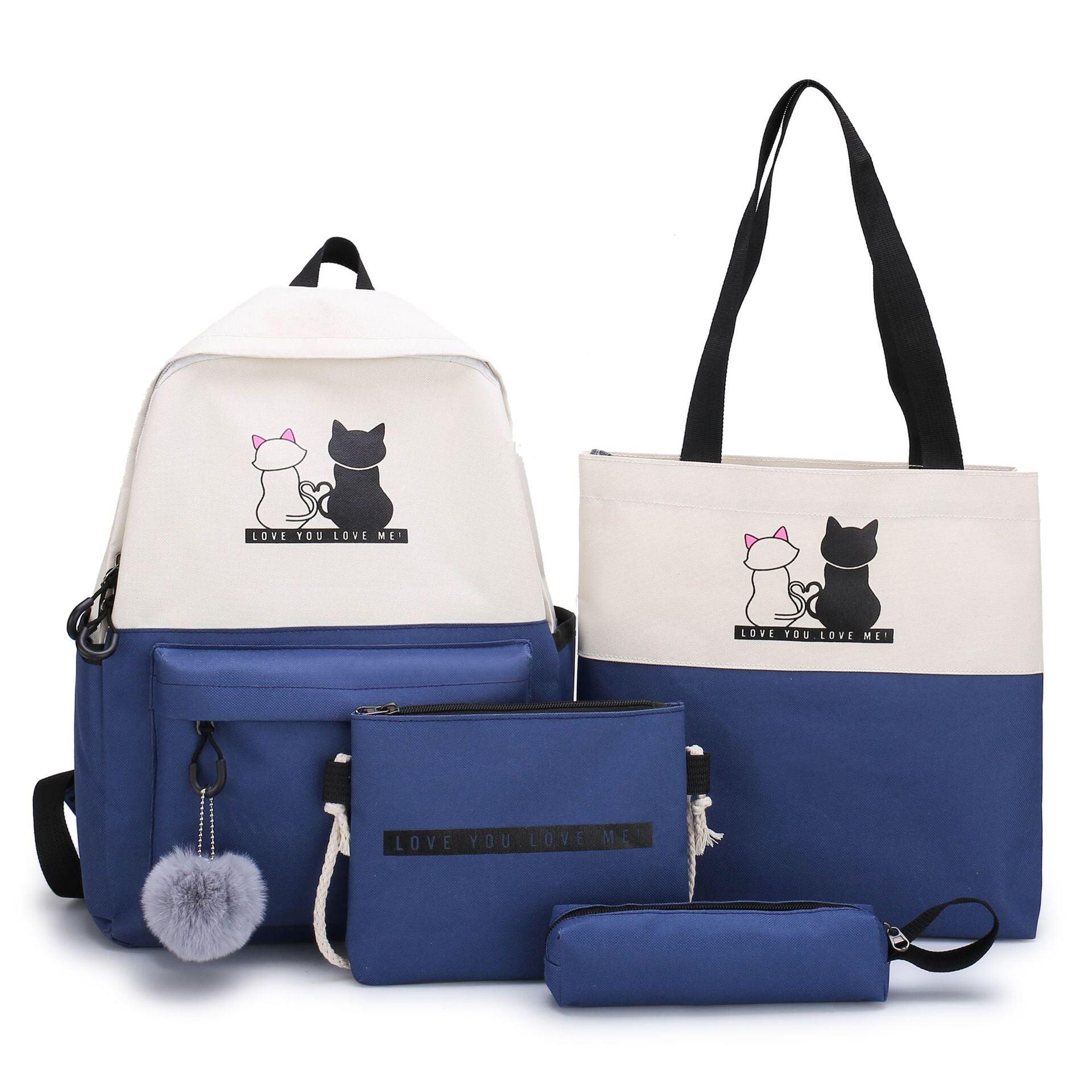 4-Piece Blue Student Backpack Set with Cat Print