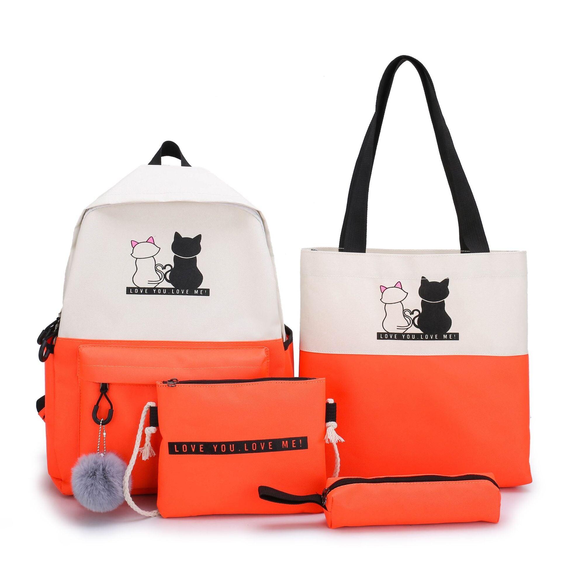 4-Piece Orange Student Backpack Set with Cat Print