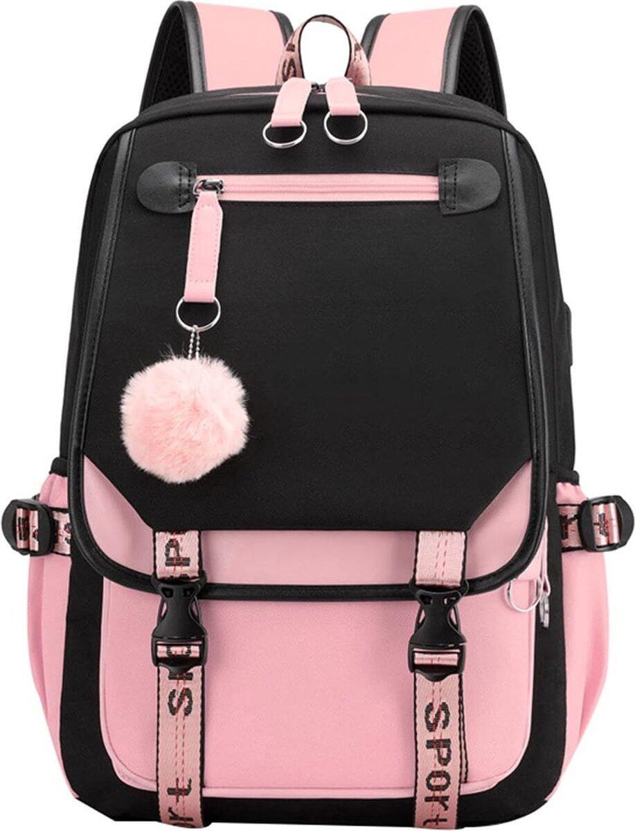 Girls School Student School Bag With USB Charging Port, Black Pink