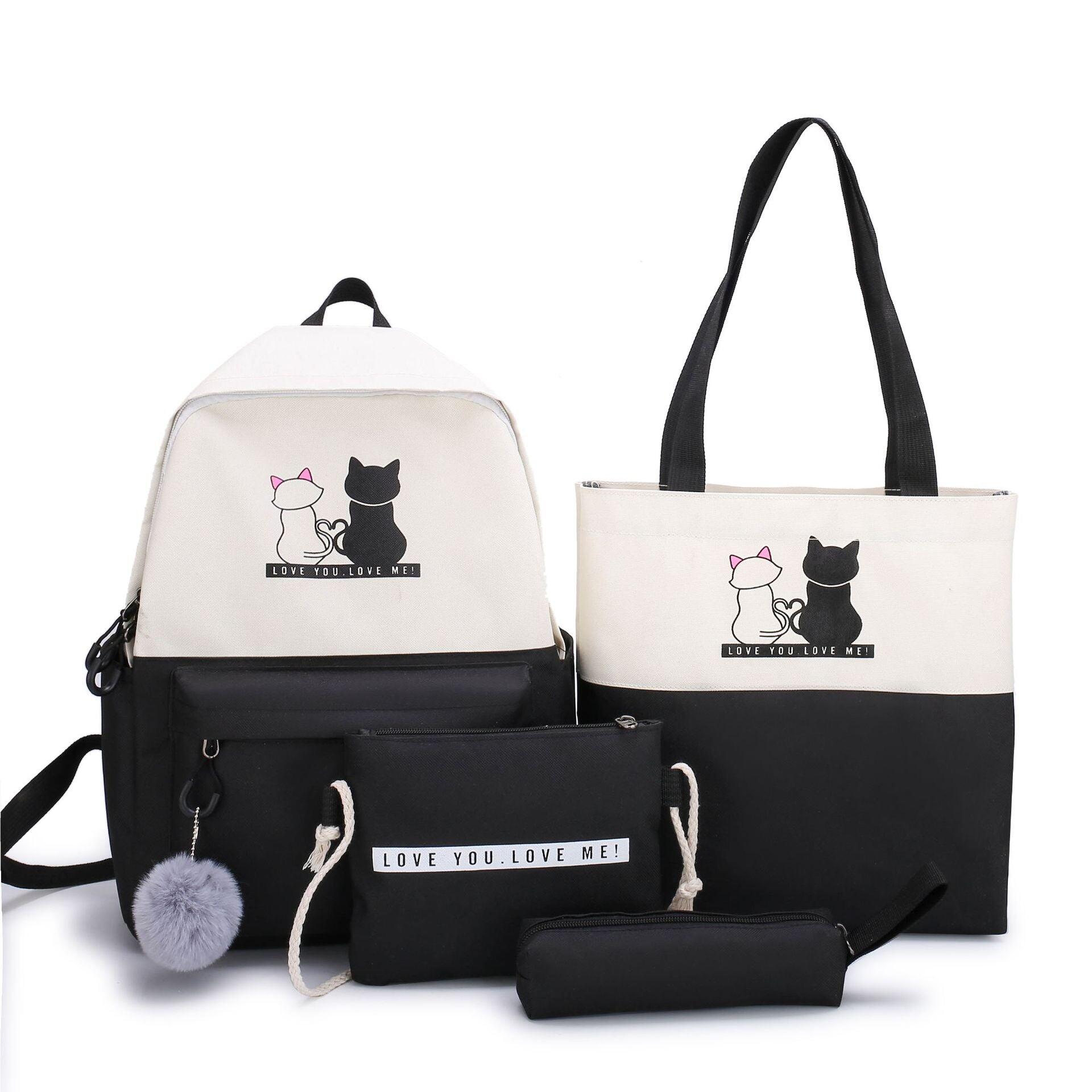 4-Piece Black Student Backpack Set with Cat Print