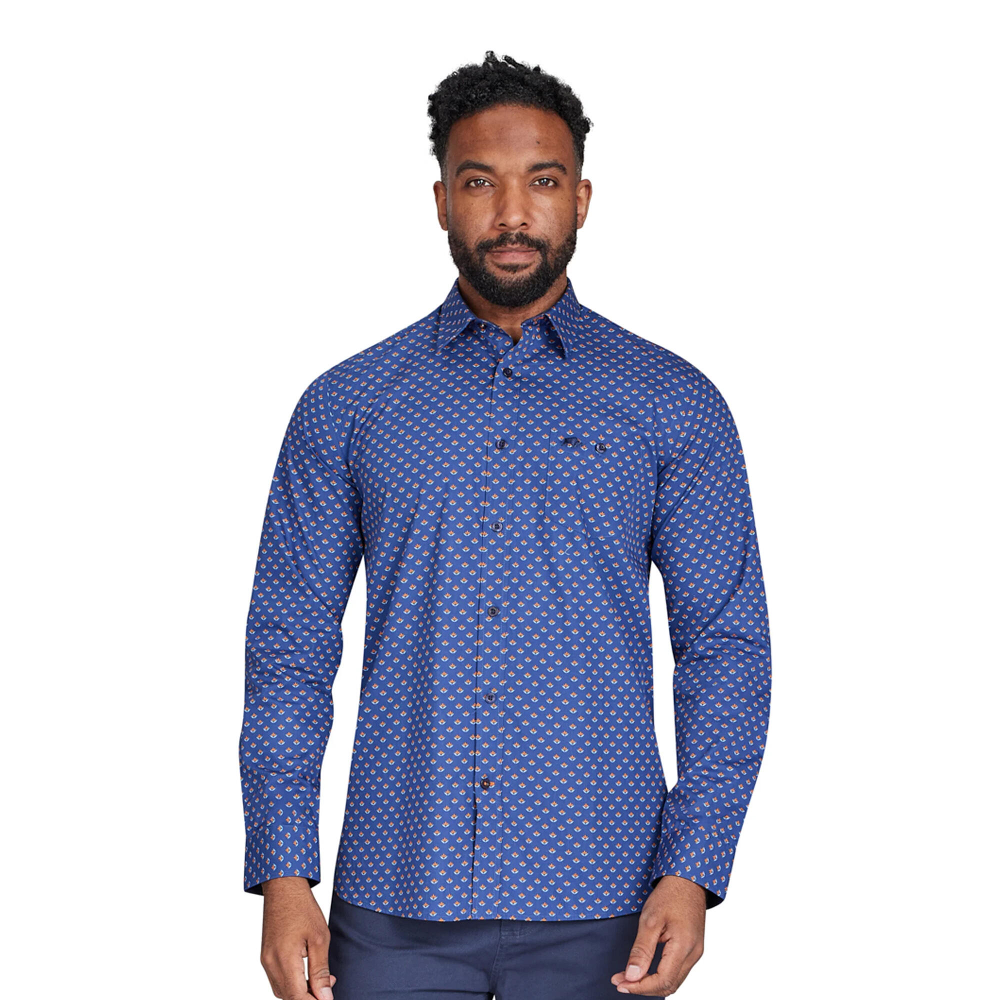 Camicia Stampa Foglia Manica Lunga Uomo Raging Bull Blu Navy Arancio 3/3